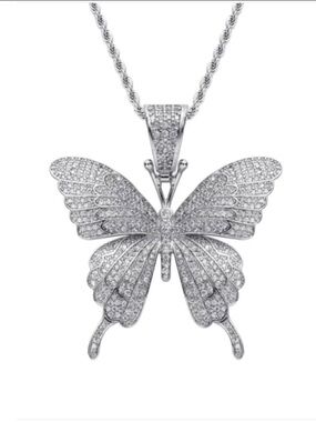 24 inch Silver Butterfly Pendant Necklace - Sparkling Crystal Accent
